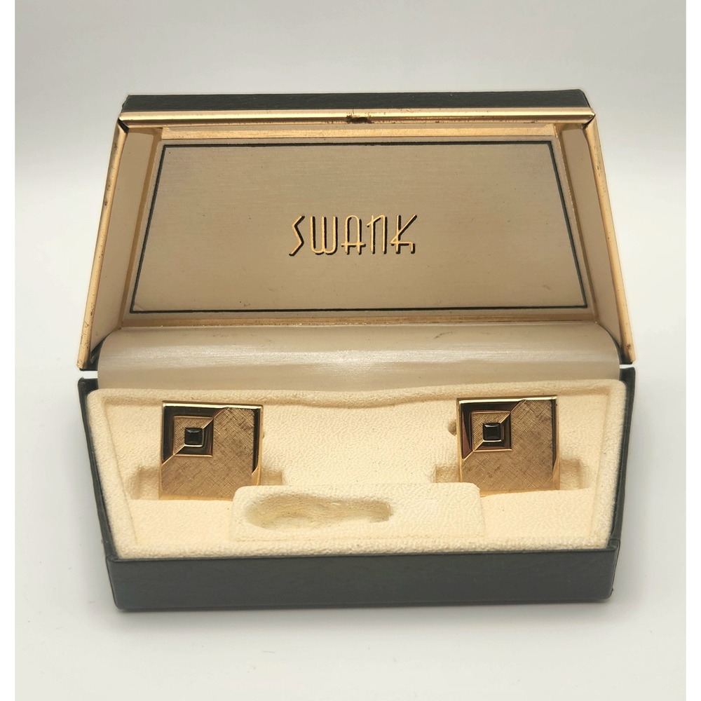 Vintage Swank Gold Tone Square Textured Cufflinks with Black Stone Accent Boxed